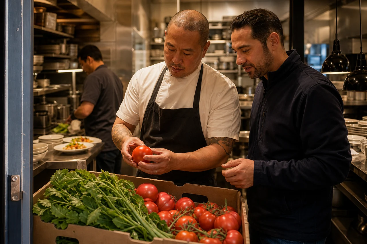 Chef and produce representative reviewing tomatoes and greens in a professional kitchen
